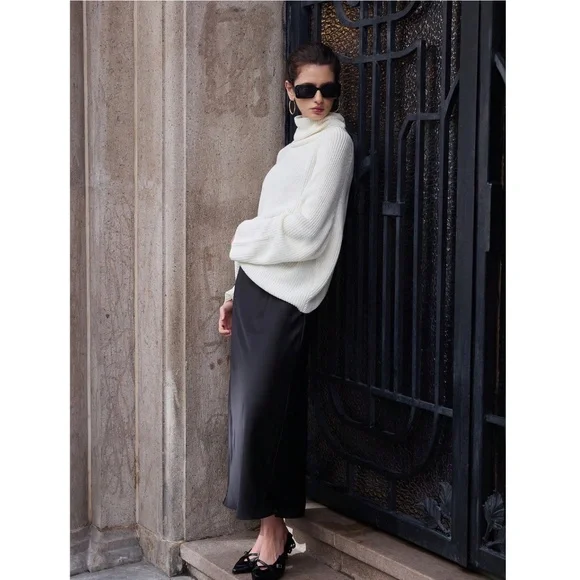 Black Satin A-Line Skirt High Waisted Long - Picture 11 of 14